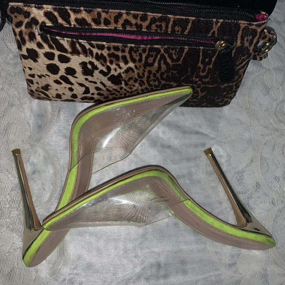 PrettyLittleThing size 5 clear vinyl and neon with gold accent heels